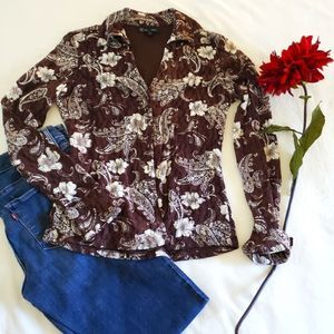 INC Button Down Floral Women's Blouse Brown and Cream Size M